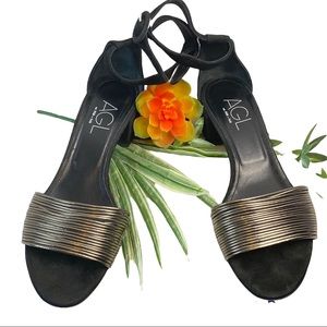 AGL Ankle Sandals Black Suede Heels and Bronze Front Straps Made in Italy